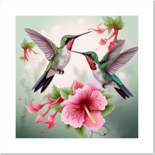 Two Hummingbirds with Hibiscus Flowers Posters and Art